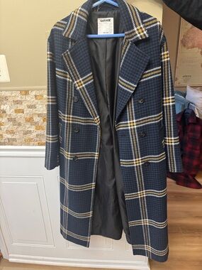 Garage Women's Navy Plaid Double-Breasted Trench Coat with Yellow Windowpane